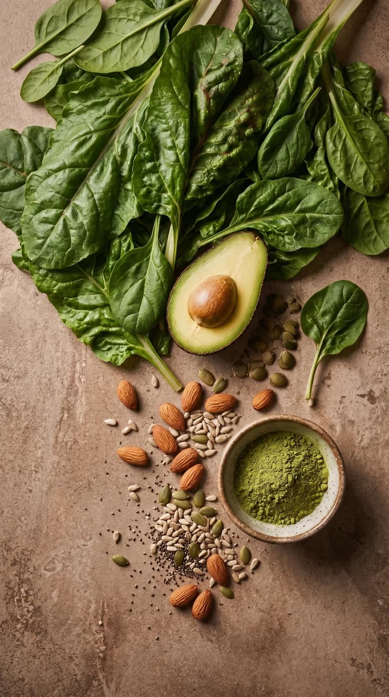 Greens, avocado, nuts, and a small bowl on a stone surface